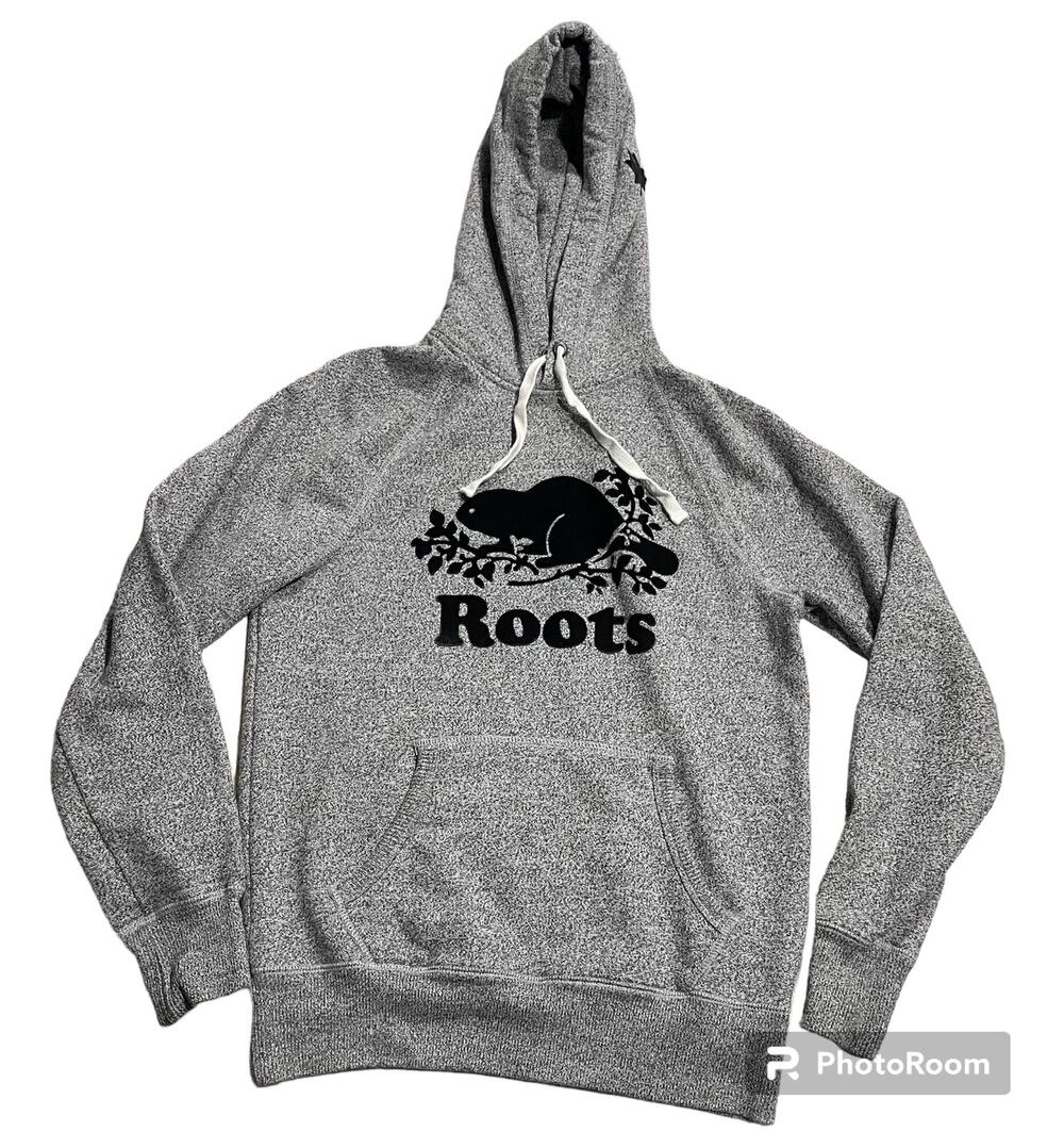 Roots Womens XS Pullover Hooded Kangaroo Pocket Sweatshirt Gray Oversized